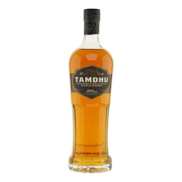 Close-up of a bottle of Tamdhu Batch Strength 008 whisky with a deep copper hue, showcasing its rich and captivating appearance