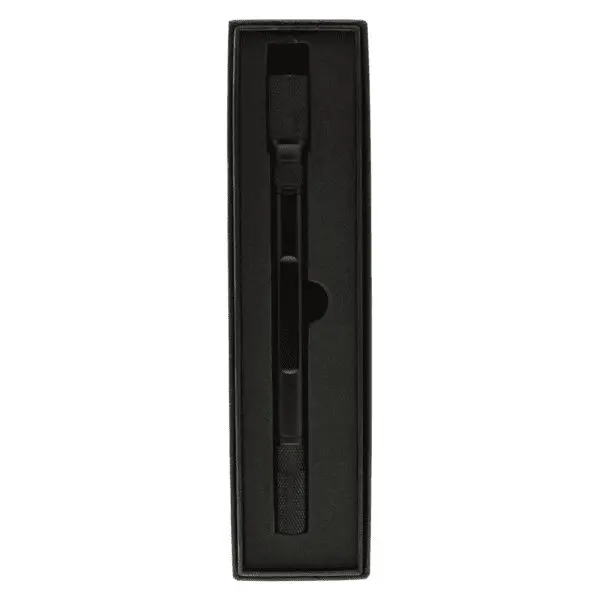 A premium black metal cigar drill with a black box and a button on top.