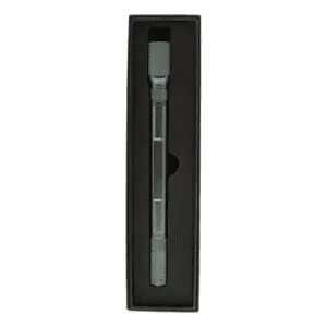 A premium silver metal cigar drill with a black box and a button on top.