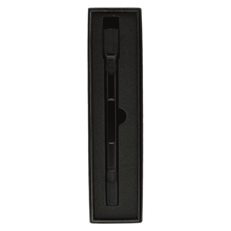 A premium black metal cigar drill with a black box and a button on top.