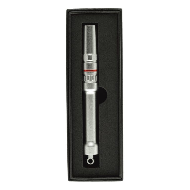 A premium grey metal cigar drill with a black box and a button on top.